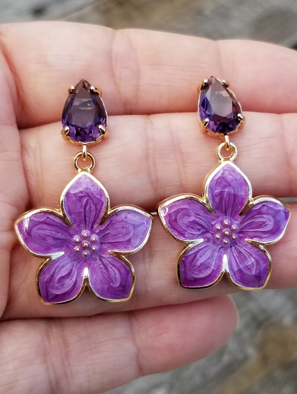 14k Gold Amethyst Floral Stud Earrings, Large Purple Flower Dangle Earrings